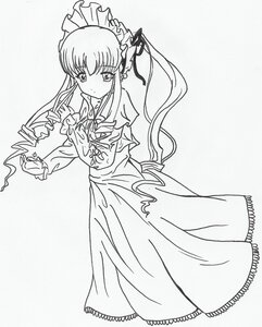 Rating: Safe Score: 0 Tags: 1girl bowtie dress frills full_body greyscale image long_dress long_hair long_sleeves looking_at_viewer monochrome ribbon shinku sidelocks simple_background solo standing white_background User: admin