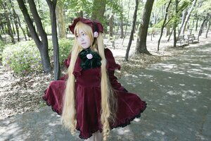 Rating: Safe Score: 0 Tags: 1girl blonde_hair blue_eyes bonnet bow dress flower forest long_hair long_sleeves nature outdoors red_dress shinku solo standing tree very_long_hair User: admin