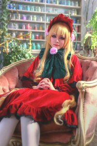 Rating: Safe Score: 0 Tags: 1girl blonde_hair blue_eyes blurry blurry_background blurry_foreground bonnet chair depth_of_field dress flower long_hair looking_at_viewer pantyhose photo pink_flower pink_rose red_dress rose shinku sitting solo User: admin