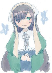 Rating: Safe Score: 0 Tags: 1girl bangs blush brown_hair closed_mouth dress eyebrows_visible_through_hair green_dress green_eyes image long_hair long_sleeves looking_at_viewer neck_ribbon ribbon smile solo striped suiseiseki upper_body white_background User: admin