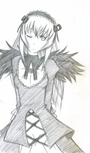 Rating: Safe Score: 0 Tags: 1girl cowboy_shot detached_collar dress greyscale hairband image long_hair long_sleeves looking_at_viewer monochrome one_eye_closed simple_background solo suigintou white_background User: admin