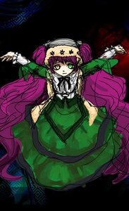 Rating: Safe Score: 0 Tags: 1girl dress from_above green_dress green_eyes image long_hair long_sleeves looking_at_viewer purple_hair solo suiseiseki very_long_hair User: admin