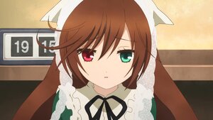 Rating: Safe Score: 0 Tags: 1girl bangs black_ribbon brown_hair dress frills green_dress green_eyes heterochromia image long_hair long_sleeves looking_at_viewer neck_ribbon red_eyes ribbon solo suiseiseki User: admin