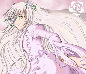 Rating: Safe Score: 0 Tags: 1girl dress flower frills image kirakishou long_hair long_sleeves pink_rose rose smile solo very_long_hair white_flower white_rose yellow_eyes User: admin