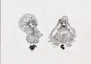 Rating: Safe Score: 0 Tags: 2girls bonnet bow dress drill_hair frills full_body gothic_lolita greyscale holding holding_umbrella image kanaria lolita_fashion long_hair long_sleeves looking_at_viewer monochrome multiple_girls pair parasol shared_umbrella shinku shoes siblings sisters smile standing twintails umbrella User: admin