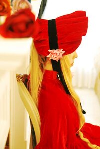 Rating: Safe Score: 0 Tags: blonde_hair blurry blurry_foreground cape depth_of_field dress flower long_hair red_cape red_cloak red_dress rose shinku solo User: admin
