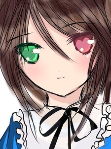 Rating: Safe Score: 0 Tags: 1girl bangs black_neckwear black_ribbon blush brown_hair close-up closed_mouth dress eyebrows_visible_through_hair face frills green_eyes hair_between_eyes image looking_at_viewer neck_ribbon ribbon short_hair simple_background smile solo souseiseki white_background User: admin