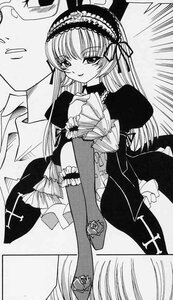 Rating: Safe Score: 0 Tags: 1girl dress frills greyscale hairband image lolita_fashion long_hair long_sleeves monochrome smile solo suigintou wings User: admin