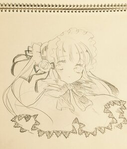 Rating: Safe Score: 0 Tags: 1girl blush breasts eyebrows_visible_through_hair flower hair_flower hair_ornament image long_hair looking_at_viewer monochrome photo ribbon shinku simple_background solo traditional_media upper_body User: admin