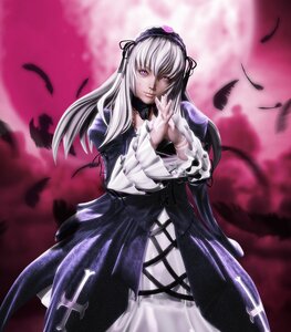 Rating: Safe Score: 0 Tags: 1girl black_wings dress feathers flower frilled_sleeves frills hairband image long_hair long_sleeves looking_at_viewer pink_eyes rose silver_hair smile solo suigintou wings User: admin