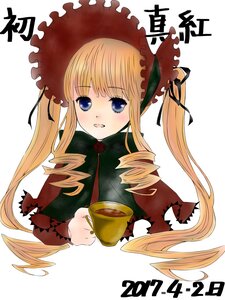 Rating: Safe Score: 0 Tags: 1girl blonde_hair blue_eyes blush bonnet bow cup drill_hair flower holding_cup image long_hair long_sleeves looking_at_viewer open_mouth rose shinku solo tea teacup twin_drills twintails upper_body User: admin