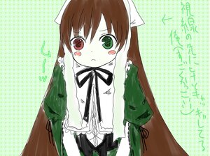 Rating: Safe Score: 0 Tags: 1girl blush_stickers brown_hair dress green_background green_eyes halftone halftone_background image long_hair long_sleeves polka_dot polka_dot_background red_eyes ribbon solo suiseiseki very_long_hair User: admin