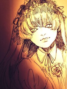 Rating: Safe Score: 0 Tags: 1girl bangs bridal_veil choker closed_mouth dress eyebrows_visible_through_hair flower head_wreath image looking_at_viewer monochrome ribbon ribbon_choker rose solo suigintou traditional_media upper_body veil User: admin
