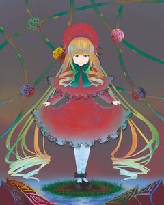 Rating: Safe Score: 0 Tags: 1girl blonde_hair blue_eyes bonnet bow bowtie dress drill_hair flower green_bow image long_hair long_sleeves looking_at_viewer pantyhose red_dress rose shinku solo standing twintails very_long_hair User: admin