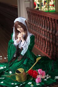 Rating: Safe Score: 0 Tags: 1girl brown_hair closed_eyes dress flower green_dress hands_clasped hat interlocked_fingers long_hair long_sleeves own_hands_together praying rose sitting solo suiseiseki User: admin