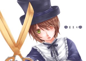 Rating: Safe Score: 0 Tags: 1girl blue_dress blush brown_hair dress green_eyes hat heterochromia image long_sleeves looking_at_viewer open_mouth red_eyes ribbon short_hair simple_background solo souseiseki striped striped_background suiseiseki top_hat upper_body white_background User: admin