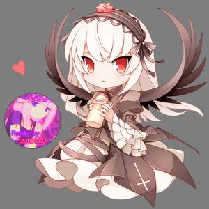 Rating: Safe Score: 0 Tags: 1girl chibi closed_mouth cup dress eyebrows_visible_through_hair flower frills full_body gothic_lolita hairband heart holding holding_cup image joints long_hair long_sleeves red_eyes ribbon solo suigintou transparent_background wings User: admin