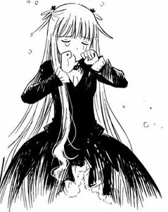 Rating: Safe Score: 0 Tags: 1girl barasuishou closed_eyes dress greyscale image long_hair long_sleeves monochrome simple_background solo tears very_long_hair white_background User: admin