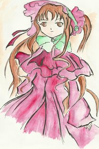 Rating: Safe Score: 0 Tags: 1girl bonnet brown_eyes brown_hair closed_mouth dress flower frills image long_hair long_sleeves looking_at_viewer pink_dress shinku simple_background solo standing traditional_media User: admin