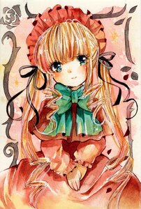 Rating: Safe Score: 0 Tags: 1girl blonde_hair blue_eyes blush bonnet bow bowtie dress drill_hair frills hair_ribbon image long_hair long_sleeves looking_at_viewer marker_(medium) ribbon shinku solo traditional_media very_long_hair watercolor_(medium) User: admin