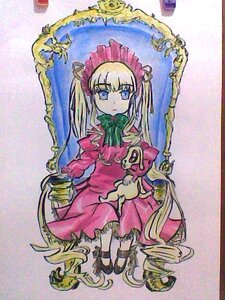 Rating: Safe Score: 0 Tags: 1girl blonde_hair blue_eyes bonnet bow bowtie cup dress drill_hair frills full_body green_bow image long_hair long_sleeves looking_at_viewer marker_(medium) red_dress shinku sitting solo teacup traditional_media very_long_hair User: admin