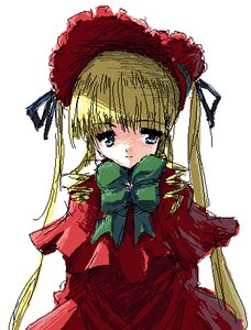 Rating: Safe Score: 0 Tags: 1girl blonde_hair blue_eyes blush bonnet bow bowtie dress green_bow green_neckwear image long_hair long_sleeves looking_at_viewer red_dress shinku simple_background solo white_background User: admin