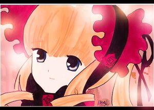 Rating: Safe Score: 0 Tags: 1girl auto_tagged bangs blonde_hair blue_eyes bow flower hat image letterboxed red_flower red_rose rose shinku signature smile solo traditional_media User: admin