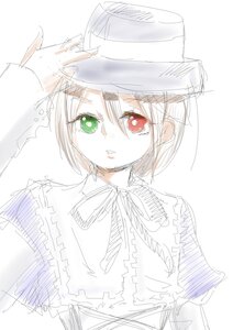 Rating: Safe Score: 0 Tags: 1girl bangs capelet green_eyes hair_between_eyes hat heterochromia image looking_at_viewer neck_ribbon red_eyes ribbon sketch solo souseiseki striped upper_body vertical_stripes white_background User: admin