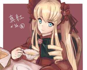 Rating: Safe Score: 0 Tags: 1girl blonde_hair blue_eyes bonnet cup drill_hair flower food image long_hair long_sleeves looking_at_viewer rose saucer shinku smile solo teacup twintails upper_body User: admin