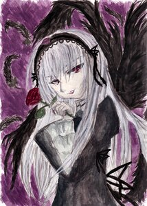 Rating: Safe Score: 0 Tags: 1girl black_wings detached_collar dress feathers flower frills hairband holding_flower image long_hair long_sleeves looking_at_viewer red_eyes rose silver_hair solo suigintou upper_body very_long_hair wings User: admin