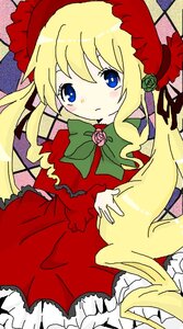 Rating: Safe Score: 0 Tags: 1girl blonde_hair blue_eyes bonnet bow bowtie dress flower frills green_bow image long_hair long_sleeves looking_at_viewer red_dress rose shinku solo twintails User: admin
