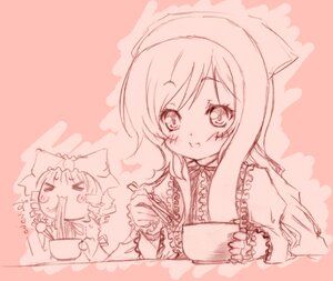 Rating: Safe Score: 0 Tags: 2girls :3 >_< blush_stickers closed_eyes cup eating eyebrows_visible_through_hair food hat hinaichigo holding_cup image long_hair looking_at_viewer monochrome multiple_girls open_mouth pair smile suiseiseki User: admin