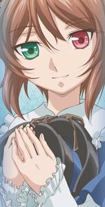 Rating: Safe Score: 0 Tags: 1girl auto_tagged brown_hair closed_mouth frills green_eyes hair_between_eyes hat heterochromia image long_sleeves looking_at_viewer own_hands_together short_hair smile solo souseiseki upper_body User: admin