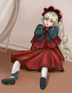 Rating: Safe Score: 0 Tags: 1girl blonde_hair blue_eyes bonnet capelet dress flower image long_hair long_sleeves pantyhose red_dress rose shinku shoes sitting solo twintails white_legwear User: admin