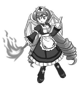 Rating: Safe Score: 0 Tags: 1girl apron boots breasts cross dress drill_hair eyebrows_visible_through_hair frills full_body greyscale holding image long_hair long_sleeves maid monochrome solo standing striped suiseiseki twin_drills very_long_hair User: admin