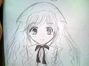 Rating: Safe Score: 0 Tags: 1girl bangs blush closed_mouth dress eyebrows_visible_through_hair frills image long_hair long_sleeves looking_at_viewer monochrome neck_ribbon ribbon simple_background smile solo suiseiseki traditional_media upper_body User: admin