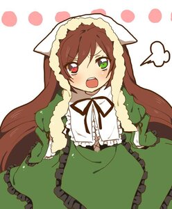 Rating: Safe Score: 0 Tags: 1girl blush brown_hair dress frills green_dress green_eyes heterochromia image lolita_fashion long_hair long_sleeves looking_at_viewer open_mouth polka_dot red_eyes ribbon solo suiseiseki very_long_hair User: admin