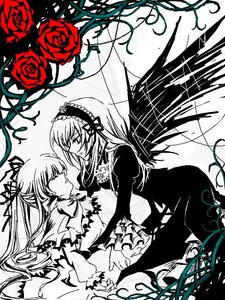 Rating: Safe Score: 0 Tags: 2girls dress eye_contact flower frills hairband image juliet_sleeves long_hair long_sleeves looking_at_another monochrome multiple_girls pair plant red_flower red_rose ribbon rose shinku suigintou thorns vines wings yuri User: admin