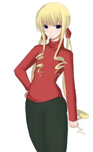 Rating: Safe Score: 0 Tags: 1girl blonde_hair blue_eyes cowboy_shot drill_hair hand_on_hip image long_hair long_sleeves looking_at_viewer pants shinku simple_background solo standing striped twin_drills white_background User: admin