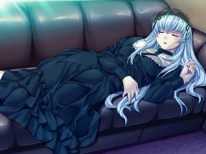 Rating: Safe Score: 0 Tags: 1girl black_dress black_legwear breasts closed_eyes couch dress frills gothic_lolita hairband lolita_fashion long_hair long_sleeves lying on_couch silver_hair sleeping solo User: admin