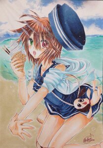 Rating: Safe Score: 0 Tags: 1girl barefoot beach brown_hair food green_eyes hat heterochromia image marker_(medium) ocean open_mouth sailor_collar short_hair signature solo souseiseki swimsuit traditional_media User: admin