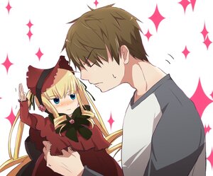 Rating: Safe Score: 0 Tags: 1boy 1girl blonde_hair blue_eyes blush bonnet bow bowtie dress flower glint image long_hair long_sleeves red_dress rose shinku solo sparkle sparkle_background sparkling_eyes striped twintails User: admin