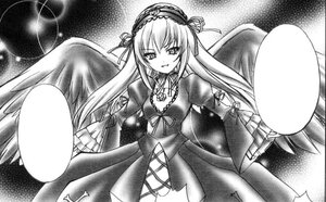 Rating: Safe Score: 0 Tags: 1girl dress feathered_wings frills greyscale hairband image juliet_sleeves lolita_hairband long_hair long_sleeves looking_at_viewer monochrome ribbon solo suigintou traditional_media wings User: admin