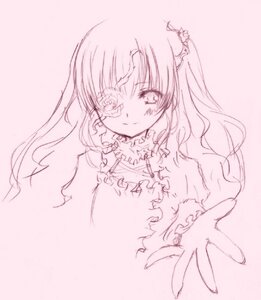 Rating: Safe Score: 0 Tags: 1girl dress eyepatch flower frills image kirakishou long_hair long_sleeves looking_at_viewer monochrome pink_theme rose simple_background smile solo upper_body User: admin
