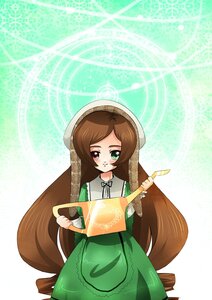 Rating: Safe Score: 0 Tags: 1girl brown_hair dress green_dress green_eyes hat heterochromia image long_hair long_sleeves looking_at_viewer solo suiseiseki very_long_hair User: admin