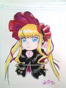 Rating: Safe Score: 0 Tags: 1girl bangs blonde_hair blue_eyes bonnet bow closed_mouth flower image long_hair looking_at_viewer photo pink_flower pink_rose portrait rose shinku sidelocks simple_background solo traditional_media twintails User: admin