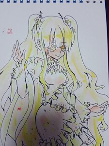 Rating: Safe Score: 0 Tags: 1girl bangs blonde_hair closed_mouth dress eyepatch flower frills hair_ornament image kirakishou long_hair long_sleeves photo smile solo traditional_media watercolor_(medium) wide_sleeves yellow_eyes User: admin