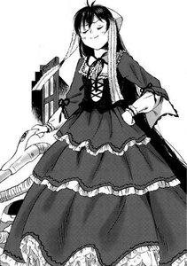 Rating: Safe Score: 0 Tags: 1girl ahoge braid closed_eyes closed_mouth dress frilled_dress frills gothic_lolita greyscale hand_on_hip holding image lolita_fashion long_hair long_sleeves monochrome smile solo standing suiseiseki User: admin