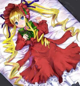 Rating: Safe Score: 0 Tags: 1girl blonde_hair blue_eyes bonnet bow bowtie dress drill_hair image long_hair long_sleeves looking_at_viewer lying on_back red_dress shinku solo twin_drills twintails User: admin
