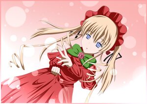 Rating: Safe Score: 0 Tags: 1girl blonde_hair blue_eyes bow bowtie capelet dress flower green_bow image long_hair long_sleeves looking_at_viewer pink_background polka_dot_background red_dress rose shinku solo twintails User: admin